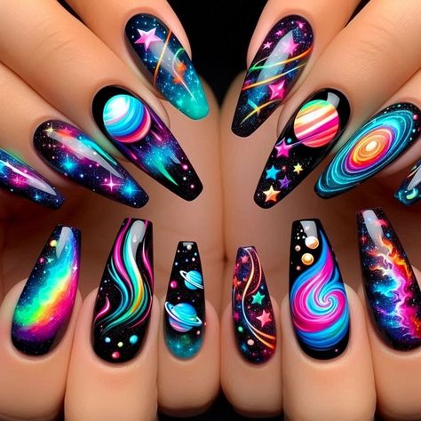 Exciting Nail Designs, Color Changing Nails Designs, Birthday Tattoos, Cosmic Nails, Rave Nails, Florida Nails, Space Nails, Nails Pretty, Punk Nails