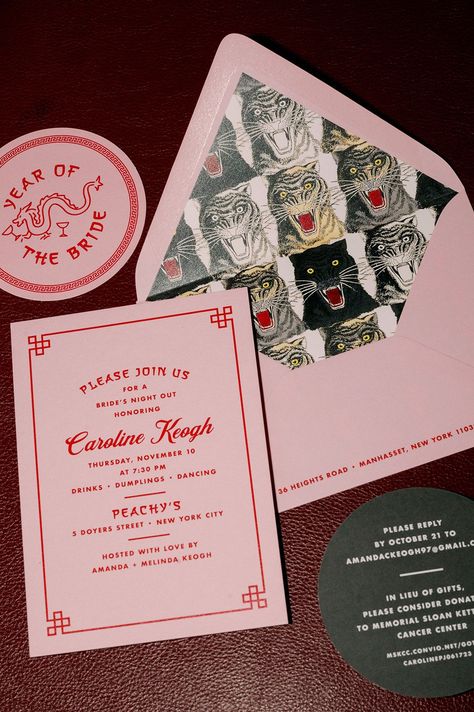 Pink and red invitations to a Thursday night bridal shower at Peachy's bar in Chinatown. Custom bridal shower invitation suite flat lay captured by Katherine Marchand Photography. Red Invitation, Bridal Shower Invitation, Bridal Shower Invites, Bridal Shower Theme Ideas, Graphic Design Invitation, Fashion Invitation, In Lieu Of Gifts, Diy Wedding Planner, Edgy Bridal