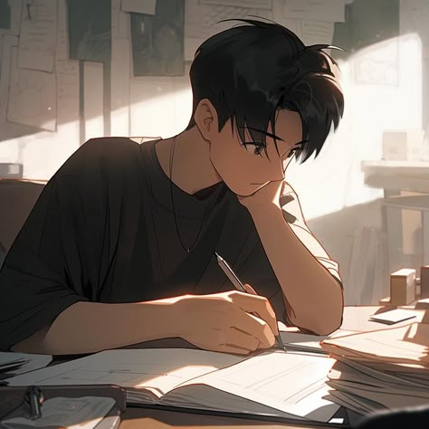 Guy Studying Drawing, Anime Guy Studying, Study Boy Student Dp, Anime Boy Studying, Wallpaper School, Animes Emo, Boy Sketch, Anime Smile, Anime Boy Hair