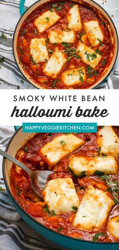 Halloumi Tomato, Halloumi Bake, Vegetarische Diners, Bake Beans, Haloumi Recipes, Beans Baked, Bake Healthy, One Pot Vegetarian, Vegetarian Meal