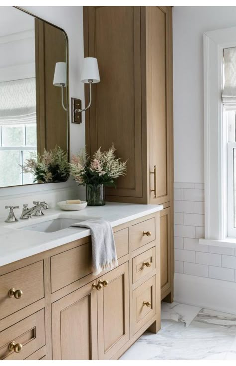 Primary Bathroom Storage, White Oak Bathroom Cabinets Vanities, Modern Timeless Bathroom, Timeless Primary Bathroom, Bathroom Storage Cabinet Built In, Master Bath Flooring, Bathroom Vanity With Storage, Vanity With Linen Cabinet, Built In Bathroom Vanity