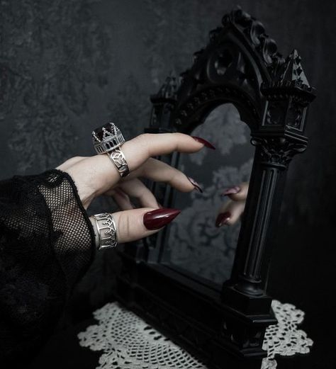 Federica Bianciardi on Instagram: "•Dark Aesthetic🦇 My favorite combo ever, cathedral rings with cathedral mirror🖤 Any plans for this holidays ending? ✨• • • • •Cathedral rings *GIFTED by @regalrose 🥀[15% Off: FEDERICA15]🥀• • •Cathedral mirror *GIFTED by @alchemyengland 🦇• • • • #gothvibes #vampireaesthetic #goth #gothlife #gothic #darkaesthetic #darklife #victorianjewelry #gothaccessories #gothgirl #gothhomedecor #victoriangoth #gothaesthetic #aesthetic #darkacademia #darkacademiaaesthetic Cathedral Rings, Wednesday Addams Aesthetic, Easy Vampire Makeup, Addams Aesthetic, Vampire Outfits, Cathedral Mirror, Vampire Decor, Modern Vampires, Black And Red Roses