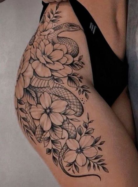 Large Female Tattoos, Tattoo Ideas Female Thigh Flowers, Cute Hip Tattoos For Women, Snake And Flower Tattoos For Women, Woman’s Thigh Tattoo Ideas, Women’s Tattoo Ideas Hip, Snake In Flowers Tattoo, Snake Thigh Tattoo Women, Big Piece Tattoos Women