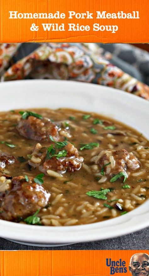 When you think of healthy meal ideas, they’re usually not as flavorful as this one for Homemade Pork Meatball and Wild Rice Soup. Check out this recipe to see how easy it is to combine UNCLE BEN’S® Long Grain & Wild Original Recipe, beef broth, and homemade meatballs to create a savory, healthy comfort food dish that can be packed for lunch or served for dinner. You can find all the simple ingredients you need at Target. Ground Pork Meatballs, Pork Meatball, Warm Meals, Uncle Ben, Ground Pork Recipes, Cooking Wild Rice, Fast Cooking, Pork Soup, Comforting Soup