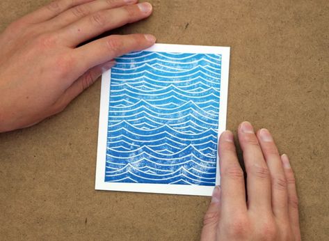 Card Handmade Lino-cut Ocean Waves Print Ocean Beach - Etsy Lino Print Ideas, Waves Print, Holiday Cards Handmade, Wave Illustration, Stitching Cards, Lets See, Hermit Crab, Wave Print, Beach Surf