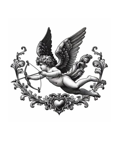 Black Cupid Tattoo, Cherub Tattoo Traditional, Cherub Angel Tattoo, Cupid Drawing, Cherub Tattoo Designs, Tato Maori, Cupid Tattoo, Cherub Tattoo, God Of Love