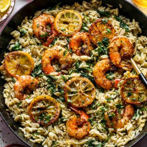 One Skillet Lemon Pepper Shrimp and Orzo - Dishing Out Health Shrimp And Orzo, Orzo Skillet, Lemon Pepper Shrimp, Shrimp Orzo, Dishing Out Health, Orzo Dishes, Pepper Shrimp, How To Cook Orzo, Healthy Weeknight Dinners