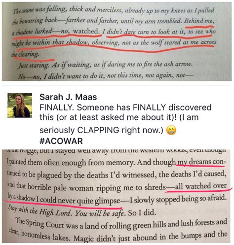 Page 101 and 169 of ACOTAR. Feyre is in Prythian and the shadow she sees in her dreams HAS to be Rhys! He did not break into her mind and make her fire the arrow, she dreamed about firing it and since she was over the wall, she could sense him. #acotar #acowar #feyre #rhysand #rhys #feysand #sjm #sarahjmaas Acotar Azriel As Your Mate, Suriel Acotar Quotes, To Keep You From Breaking Acotar, Feyre And Suriel Acotar, Feyre And The Suriel, Feyre Pregnant Scene, Rhys And Feyre Quotes, Feyre Birth Scene, Feysand Quotes