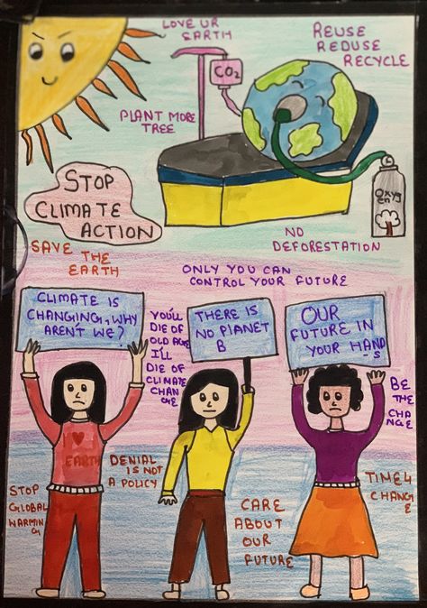 On the occasion of earth day I made a poster on climate action. Poster On Deforestation, Poster On Climate Action, Climate Action Poster Ideas, Climate Action Poster, Climate Changing Poster, Air Pollution Project, Pollution Project, Sustainable Development Projects, Environmental Posters