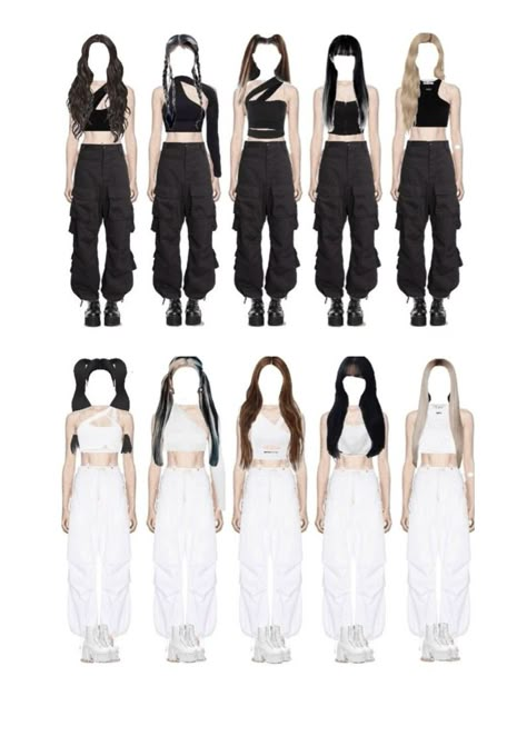 Kpop Dancers Outfit, Backup Dancers Outfits Kpop, Dancers Outfit Hip Hop, Black And White Dance Outfit, 10 Member Girl Group Outfits, Hip Hop Costumes Dancers, Dance Performance Outfits Hip Hop, Backup Dancers Outfits, Dancer Style Outfits