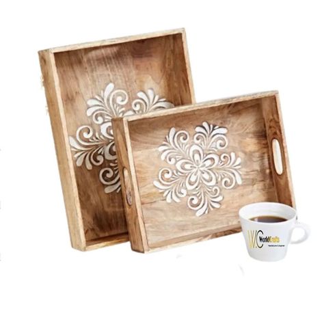 Floral Carved Natural Mango Wood Tea Tray - Two Sizes - Handmade and Sustainable - Serving Tray - Home Décor - Decorative Tray #wooddesign #mangowood #woodfurniture #woodtray #trays #tray #woodworker #woodwork #woodmaker #wooddesign #woodshop #homedecor #tableware #officetabledecor Tray Painting, Wood Tea Tray, Tea And Biscuits, Antique White Paints, Mango Trees, Wood Trays, Utensil Caddy, Mango Tree, Tray Design