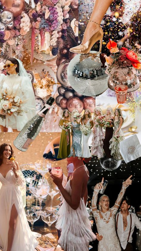 Disco Wedding Extravaganza Sparkles on Sparkles Bright Color Bride Disco Party Aesthetic, Married In Vegas, Disco Wedding, Yacht Wedding, Disco Theme, Sparkle Wedding, Wedding Guest Looks, Retro Wedding, Wedding Mood Board