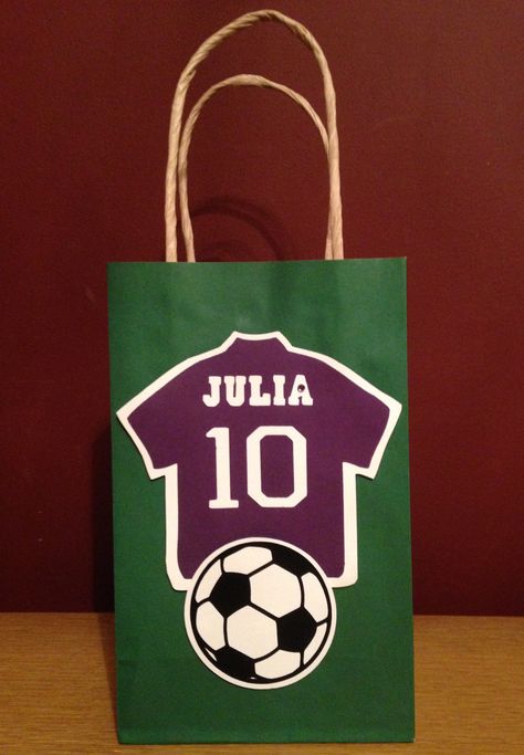 Soccer Goody Bags I made for the girls in Lucas' 4th Grade Class.  Purple Jerseys, with their name and the #10 in honor of his 10th Birthday, and of course, a soccer ball. Lucas' 10th Birthday 2014 Goody Bag Ideas, Soccer Party Decorations, Soccer Theme Parties, Birthday Party Boy, Modern Baby Shower Games, Games For Men, Soccer Birthday Parties, Soccer Theme, Football Birthday Party