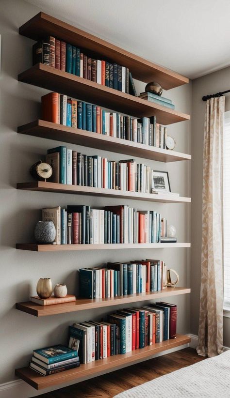 Book Shelves In Bedroom Wall, Book Shelf Ideas Bedroom Wall, Bookshelves Above Bed, Bedrooms With Bookshelves, Bookshelves In Bedroom Ideas, Bookshelf Above Bed, Built In Shelves Bedroom, Bedroom With Bookshelves, Bedroom Wall Storage Ideas