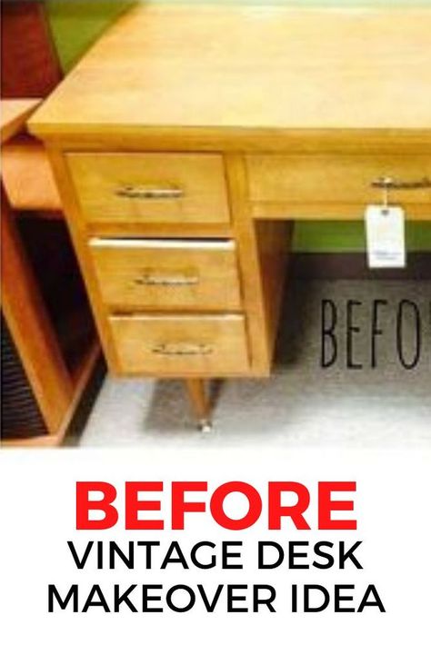 If you happen to find a vintage desk in your local thrift store or flea market you'll want to grab one for your home office. This creative color combo is beautiful so  check out the before and after photos for some upcyling inspiration. #diy #desk #makeover Vintage Teachers Desk Makeover, Repurpose Old Desk Ideas, Wood Desk Makeover Diy, Boho Desk Makeover, Mcm Desk Makeover, Old Desk Repurpose, Refurbish Desk, Old Desk Makeover Diy, Antique Desk Makeover