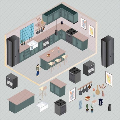 Visualizing Vivid Venues: Restaurant Sketch Design Services Restaurant Sketch, Isometric Kitchen, Interior Architecture Sketch, Architectural Diagrams, Spa Interior Design, Furniture Design Sketches, Kitchen Drawing, Octagon Table, Architectural Presentation