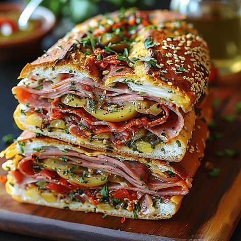 Classic Italian Muffuletta Sandwich Recipe - Grammy Recipes Muffaletta Sandwich Sides, Best Italian Sandwiches, Mufulleta Sandwich Recipe, Easy Muffaletta Sandwich, Mufalata Recipe, Mufelleta Sandwich Recipe, Mufulleta Sandwich, Muffeleta Sandwich, Muffalata Sandwich Recipes