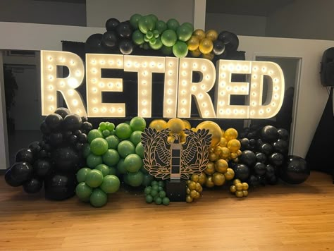 Black Tie Retirement Party, Retirement Party Stage Decoration, Air Force Retirement Centerpiece, Border Patrol Retirement Party Ideas, Retirement Party For Men Decoration, Formal Retirement Party Ideas, Army Retirement Ceremony, Retirement Reception Decorations, Happy Retirement Decorations Party Ideas