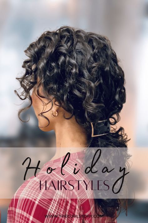 Easy Curly Hairstyle for the Holidays - Low Ponytail with Barrette Curly Hairstyles For Cocktail Party, Curly Hairstyles For Dinner Party, Curly Hair Professional, Curly Hair With Bangs Hairstyles Half Up, Christmas Party Hairstyles Curly Hair, Holiday Hairstyles Curly Hair, Festive Curly Hairstyles, Holiday Curly Hairstyles, Curly Party Hairstyles