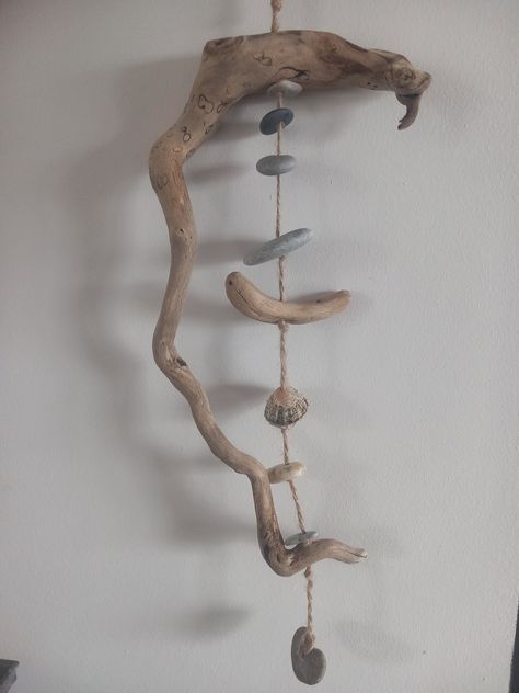 Hand made wall decoration Driftwood Hanging Decor, Driftwood Hanging Art, Driftwood Projects Unique, Driftwood Art Ideas, Driftwood Chimes, Driftwood Decor Wall, Driftwood Seahorse, Driftwood Whale, Driftwood Creations