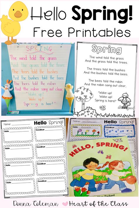 Free Spring Poem and Hello Spring activity. Welcome Spring into your classroom with this classic Spring Poem and fun Hello/Goodbye Spring activity. #heartoftheclass #springactivities #firstgrade #kindergarten Spring Activities Grade 1, When Spring Comes Book Activities, Spring Poems For Kindergarten, Spring Writing Kindergarten, Spring Writing Activities, First Day Of Spring Activities, Spring Writing Activity, Spring Kindergarten Activities, Poem Activities