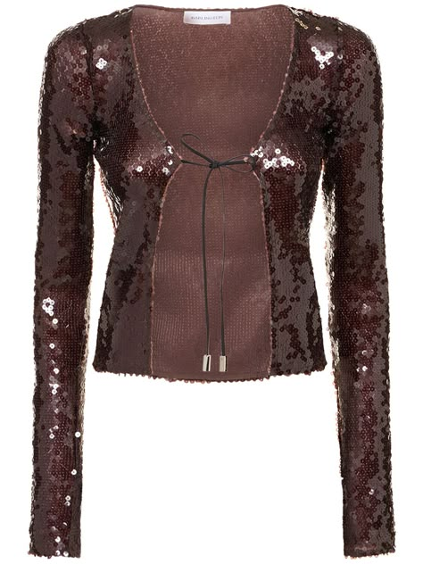 Find 16arlington Solaria Sequined Open Front Top on Editorialist. Front self-tie closure. Embellished with sequins. Model is wearing a size6 Luxury Button-up Party Top, 16 Arlington, Brown Tops, Luxury Brown Long Sleeve Tops, Sequin Button-up Tops For Night Out, Luxury Long Sleeve Sequin Shirt, Fitted Sequin Button-up Top, Light Brown Top, Long Sleeve Sequin Top