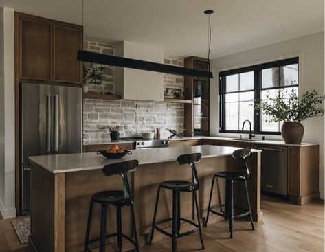 Symmetric Kitchen, Modern Rustic Cabin Interior, Small Moody Kitchen, 3 Pendant Lights Over Kitchen Island, Tiny Cabin Kitchen, Black Wood Kitchen, 3 Pendant Lights, Loft Style Kitchen, Downstairs Kitchen