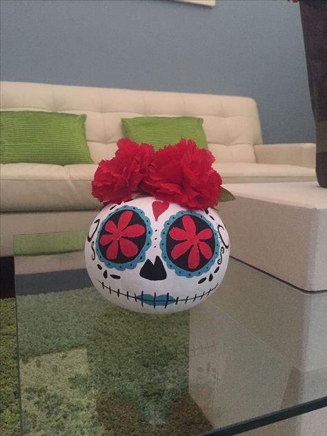 Hand painted sugar skull pumpkin "Catrina" Candy Skull Pumpkin Painting, Skull Candy Pumpkin Painting, Painted Sugar Skull Pumpkins, Skull Painted Pumpkins, Pumpkin Painting Sugar Skull, Sugar Skull Pumpkin Painting Ideas, Colorful Pumpkin Painting, Sugar Skull Painted Pumpkin, Catrina Pumpkin Painting