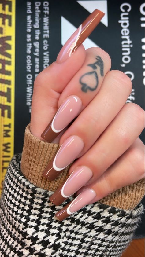 Beige French Tip Nails Square, Light Brown Tip Nails, Brown Frenchies Nail, Brown Matte French Tip Nails, Pink And Brown French Tip Nails, Brown French Tip Nails With Design, Coffee French Tip Nails, Cute Brown French Tip Nails, Brown French Tip Coffin