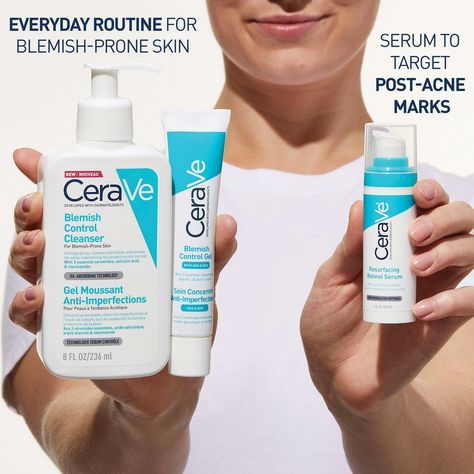 Suitable for blemish-prone skin, CeraVe's Resurfacing Retinol Serum with Ceramides and Niacinamide is formulated to exfoliate, brighten and smooth the appearance of the complexion.  Delivering a gentle resurfacing effect, the retinol serum helps to reduce the appearance of post-breakout marks and create a more even-looking skin tone. The multi-action serum is infused with a ceramide blend and niacinamide, delivering nourishment to the skin while enhancing radiance. The ultra-lightweight formula Blemish Control Cleanser, Cerave Blemish Control, Cerave Resurfacing Retinol Serum, Resurfacing Retinol Serum, Post Inflammatory Hyperpigmentation, Post Acne Marks, Blemish Remover, Acne Control, Aha Bha