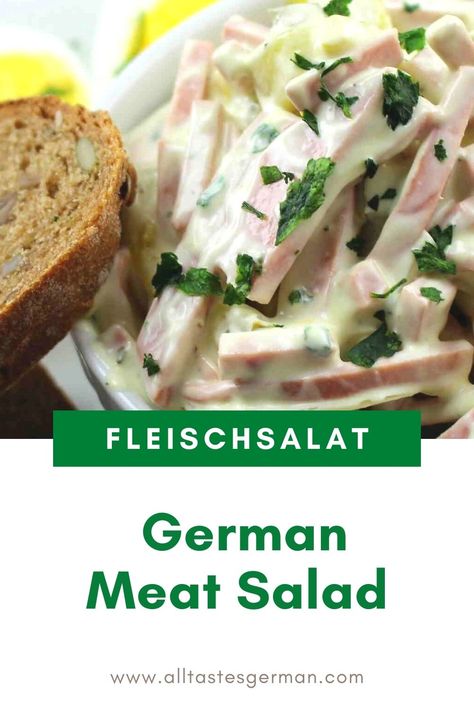 German meat salad called Fleischsalat in a bowl with a slice of fresh bread Everyday Salad, German Snacks, Crunchy Pickles, German Meat, German Food Authentic, Mayo Dressing, European Dishes, Meat Salad, Meat Sandwich