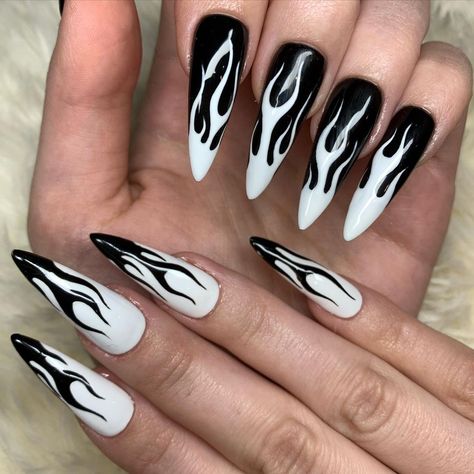 @nailedbytav on Instagram: “Handpainted flames🖤🤍🖤🤍🖤” Black Fire Nails, Flame Nail Designs, Nails Fire, Rockstar Nails, Black White Nails, Black Fire, Emo Goth, Fire Nails, Hair Stuff