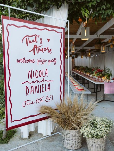 Welcome party decor & styling inspiration ~ for an Italian wedding 🇮🇹 This is how you get the wedding party started! Swipe and save for… | Instagram Welcome Party Decor, Party Decor Inspiration, Rehearsal Dinner Welcome Sign, Wedding Welcome Party, Pizza Wedding, Italian Dinner Party, Italian Party, Italian Theme, Welcome Party