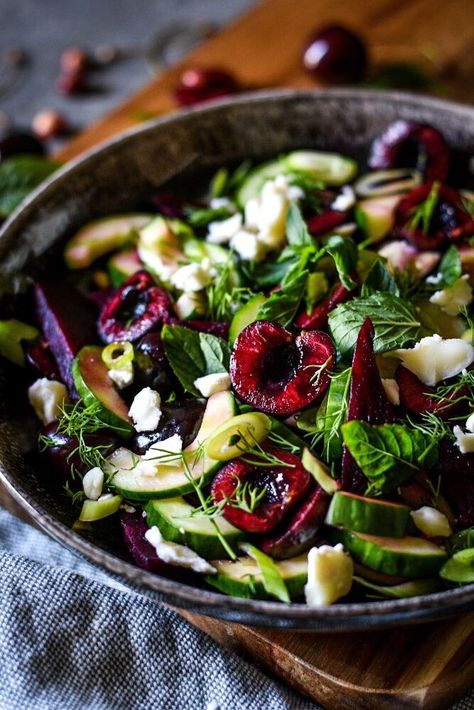 Isn't this salad cherrylicious? A beautiful combination of roasted red beets, cucumbers, scallions, cherries and fresh herbs makes this stone fruit salad so fresh and delicious that you would want to make all summer long. Plus, is a great a way to enjoy seasonal delicious cherries. Add goat cheese crumbled over the salad, a considerably basic simple vinaigrette and you are good to go!Did you know that cherries are not only sweet and delicious, but also packed with vitamins, minerals, a… Fruit And Veggie Salad, Cherry Salad, Salad With Cherries, Pear Beet Feta Salad, Beet Pear Goat Cheese Salad, Beet And Goat Cheese Salad, Beet Pistachio Goat Cheese Salad, Goat Cheese And Beet Salad, Cherry Salad Recipes