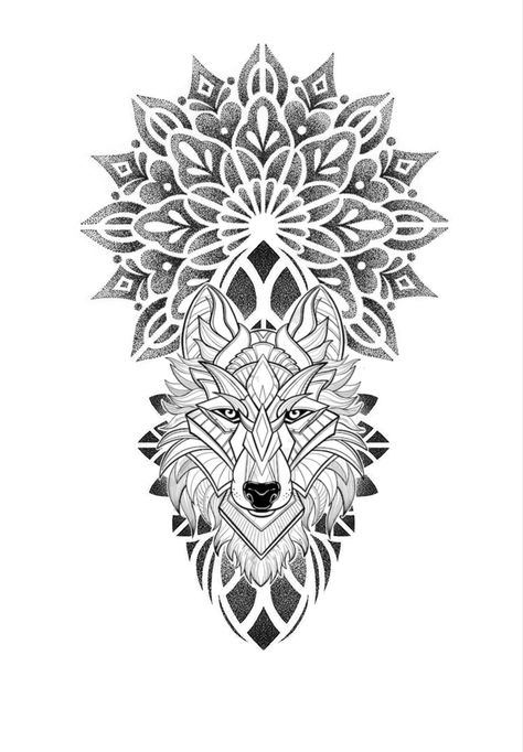 Wolf Shin Tattoo, Mens Thigh Tattoos Ideas, Wolf Rose Tattoo, Mandela Tattoo Men, Wolf Mandala Tattoo, Mandala Tattoo Men, Leg Tats, Mandala Wolf, Mandela Tattoo