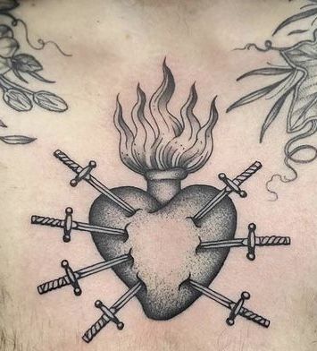 Seven Sorrows Of Mary Tattoo, Enochian Tattoo, Secret Heart Tattoo, 3 Sacred Hearts Tattoo, Sacred Heart Tattoo Chest, Heart Swords Tattoo, Medieval Heart Tattoo, Heart Swords Tattoo Ideas, Heart With Swords Tattoo