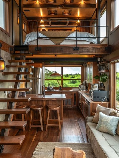 Tiny Home Ideas Tiny Loft House, Tiny Home Interior Design, Tiny Home Interior, Tiny Cabins Interiors, Tiny Home Ideas, Tiny Loft, Cottage Tiny House, Small House Living, Tiny House Interior Design