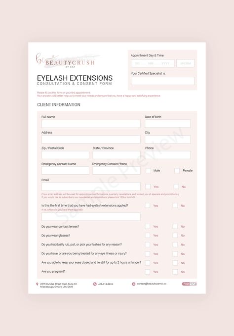 Lash Extension Consultation Forms Lash Intake Form, Beauty Bar Salon, Eyelash Extensions Care, Client Intake Form, Waxing Room, Intake Form, Exercise For Women, Eyelash Technician, Esthetician Room