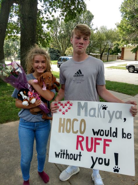 We brought our puppy to help with proposal & gave girl stuffed animal & flowers! Hoco Proposal With Flowers, Animal Hoco Proposal, Animal Promposal, Stuffed Animal Hoco Proposal, Sadie Hawkins Proposals, Cute Hoco Proposals, Formal Proposals, Cute Promposals, Dance Proposals