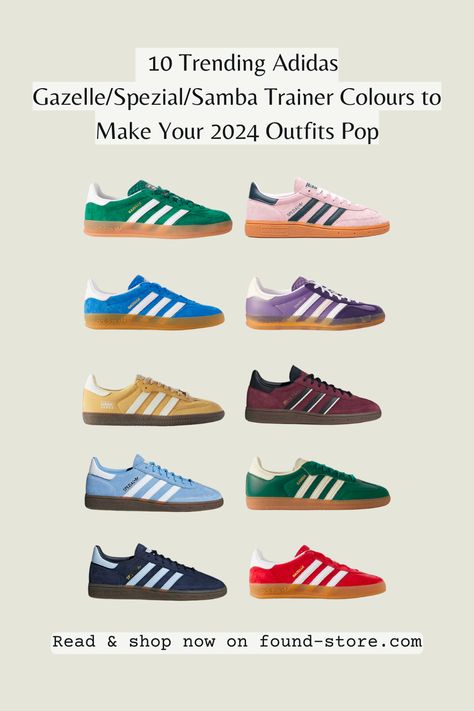 We all love our classic Adidas Sambas, but if you're looking for a little pop of colour for spring 2024, then these colourful trainers might be for you, from the green or pink Gazelle, to the red Adidas Spezial, these 10 trending trainer colours are what we are investing in for 2024. Plus where to snap up even more perfect colourful trainers to make your 2024 outfits pop... Colourful Sneakers, Colourful Trainers, Adidas Gazelle Green, Red Sneakers Outfit, Pink Gazelle, Black Sambas, Adidas Trainer, Adidas Gazelle Pink, Adidas Gazelle Outfit