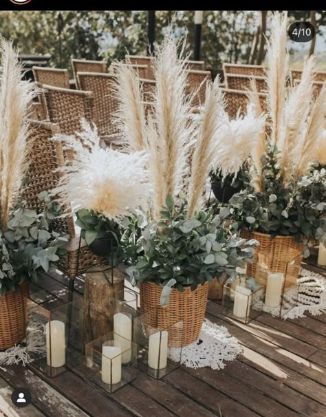 Bohemian Eucalyptus Wedding, Boho Wedding Ceremony Indoor, Western Eucalyptus Wedding, Sage And Pampas Wedding, Pampas Grass Whiskey Barrel, Boho Wedding With Greenery, Papas Grass Centerpiece, Eucalyptus And Pampas Grass Wedding Decor, Eucalyptus And Pompous Wedding