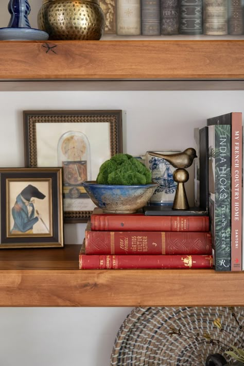 Countryside Retreat: At Home with an Interior Stylist  - Nell Hill's Eclectic Bookshelf Decor, Man Shelf Decor, Ralph Lauren Bookshelf Styling, How To Style The Top Of A China Cabinet, How To Display Nick Nacks, Wood Bookshelf Styling, Brown Bookshelf Styling, Gallery Wall With Shelves Living Room, One Shelf Decor