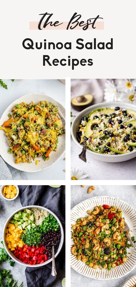 Delicious, easy quinoa salad recipes that are perfect for weekday lunches and dinners! You'll find quinoa salad with chickpeas, black beans, chicken, seafood and plenty of veggies. These flavorful, fiber & protein-packed quinoa salads are all gluten free will be your new favorite ways to cook with quinoa. #quinoa #quinoasalad #glutenfree #healthylunch #mealprep Quinoa Salad Recipes Cold Easy, High Protein Quinoa Recipes, Easy Quinoa Salad Recipes, Quinoa Salad Recipes Cold, Black Beans Chicken, Best Quinoa Salad, Best Quinoa Salad Recipes, Chicken Quinoa Recipes, Best Quinoa