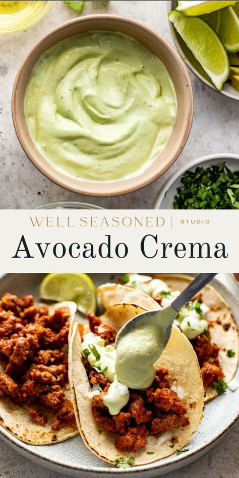 This thick, creamy Avocado Crema combines ripe avocado, cool, tangy sour cream, fresh lime juice, garlic, and Kosher salt to make an easy sauce that is delicious with all your favorite Mexican and Tex-Mex recipes! It can also be used it as a sandwich spread, dip, or a salad dressing. #wellseasonedstudio #crema #avocado #avocadocrema #mexicancrema Crema Recipe, Avocado Crema, Avocado Cream, Avocado Sauce, Sandwich Spread, Taco Sauce, Avocado Recipes, Alfredo Sauce, Aioli