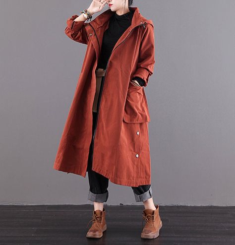 Mid-long hooded windbreaker in autumn, large casual coat, loose hooded windbreaker for women, army green windbreaker, gifts for women Long Winter Jacket, Plus Size Coat, Green Windbreaker, Loose Dresses, Loose Coats, Plus Size Coats, Hooded Parka, Fashion Inspiration Design, Clothes Ideas