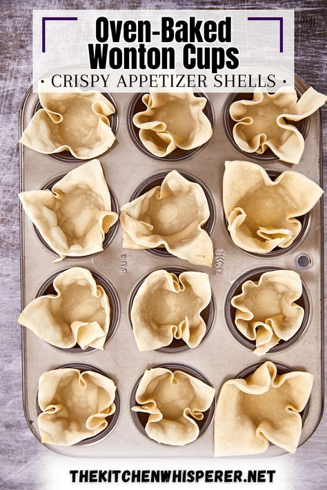 Elevate your appetizer game with crispy baked wonton wrapper cups! Add your favorite fillings for a crowd-pleasing bite of deliciousness! Crispy Baked Wonton Cups: Easy Appetizer For Any Occasion, baked wonton wrappers, crispy appetizer cups, things to make with wonton wrappers, crab rangoons Chicken Wonton Cups Appetizers, Baked Wonton Wrapper Recipes Appetizers, Wonton Chips Baked, Wonton Wrapper Recipes Dessert, Easy Wonton Recipes, Wonton Filling Recipes, Wonton Wrapper Recipes Appetizers, Wonton Appetizer Recipes, Wonton Cups Appetizers