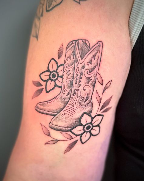 Boot And Hat Tattoo, Cowboy Hat And Boot Tattoo, Daisy Cowboy Boots Tattoo, Cowboy Boot Tattoo For Women, Cowboy Boot Bouquet Tattoo, Boot Tattoos For Women, Floral Cowboy Boot Tattoo, Cowboy Flash Tattoo, Cowgirl Boot Flower Tattoo