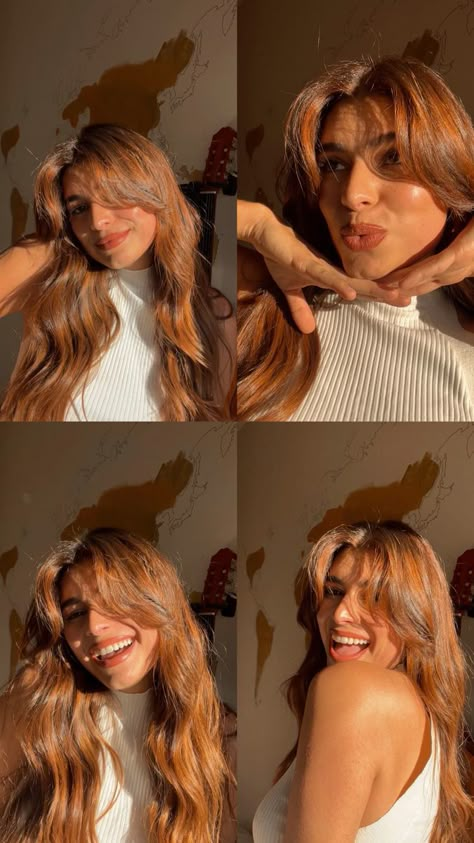 Copper Brown Hair Brown Eyes, Copper Hair For Brown Eyes, Copper Hair No Bleach, Copper Gloss Brown Hair, What To Wear With Copper Hair Outfit, Brown Bleached Hair, Golden Copper Brown Hair, Orangey Brown Hair, Brown Copper Hair Color Balayage