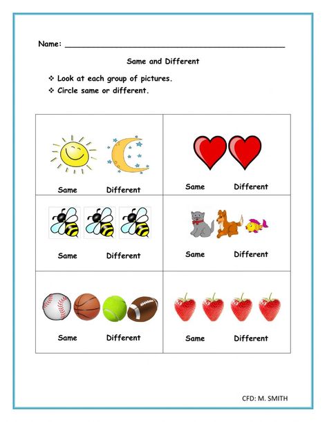 Similar And Different Worksheet, Same Different Worksheet, Same And Different Worksheets, Five Senses Kindergarten, Fun Science Worksheets, Preschool Math Printables, Same And Different, Color Worksheets For Preschool, Back To School Worksheets