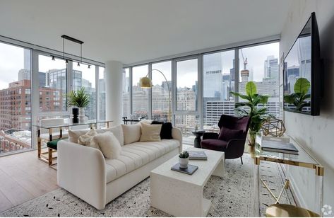 Modern High Rise Apartment Decor, Hi Rise Apartment, Chicago Apartment Living Room, High Rise Living Room Decor, Apartment Living Room With Big Window, Floor To Ceiling Windows Living Room Apartment, Floor To Ceiling Windows Apartment Aesthetic, Highrise Apartment Decor, Luxury Apartment Nyc Aesthetic